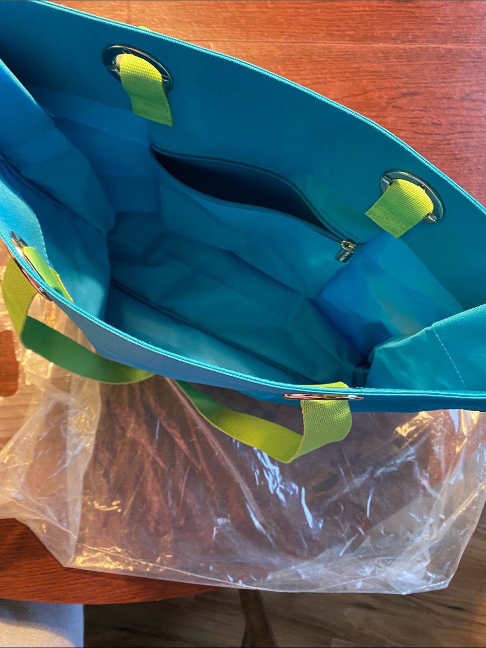 Milano Turquoise Tote with Lime Green Straps - Picture 3 of 3